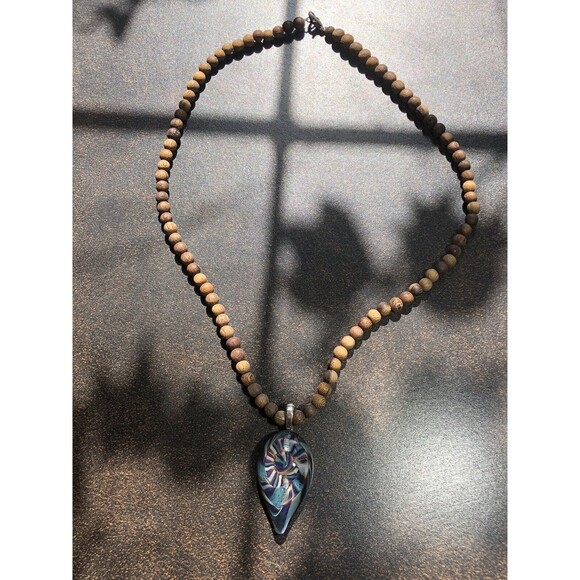 Handblown Glass Pendant On 20” Wooden Bead Necklace Boho Style Artisan Made 2008 - Picture 2 of 16